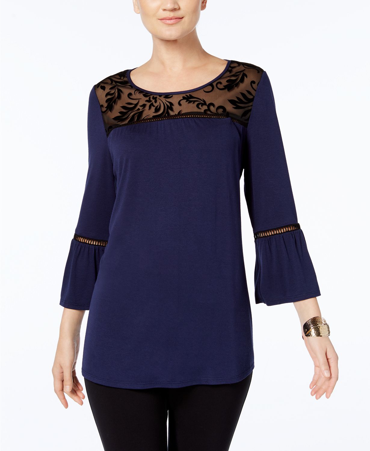 NY Collection Mesh-Yoke Bell-Sleeve Top Navy M