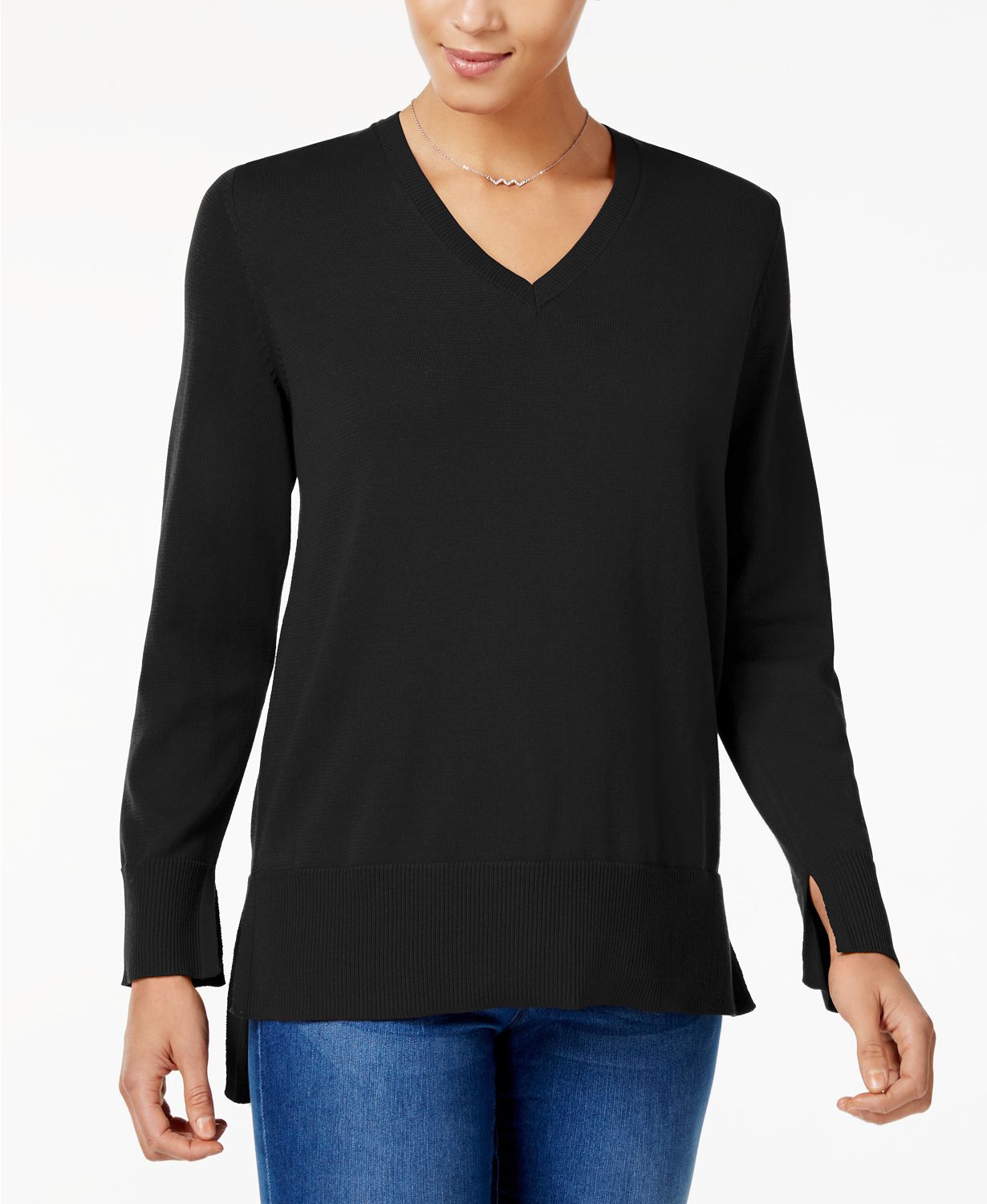 Style Co High-Low V-Neck Sweater Deep Black S