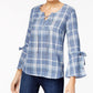 Style Co Cotton Plaid Lace-Up Top Clear Skies XXL