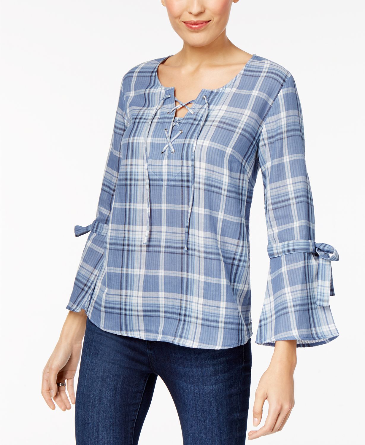 Style Co Cotton Plaid Lace-Up Top Clear Skies XXL