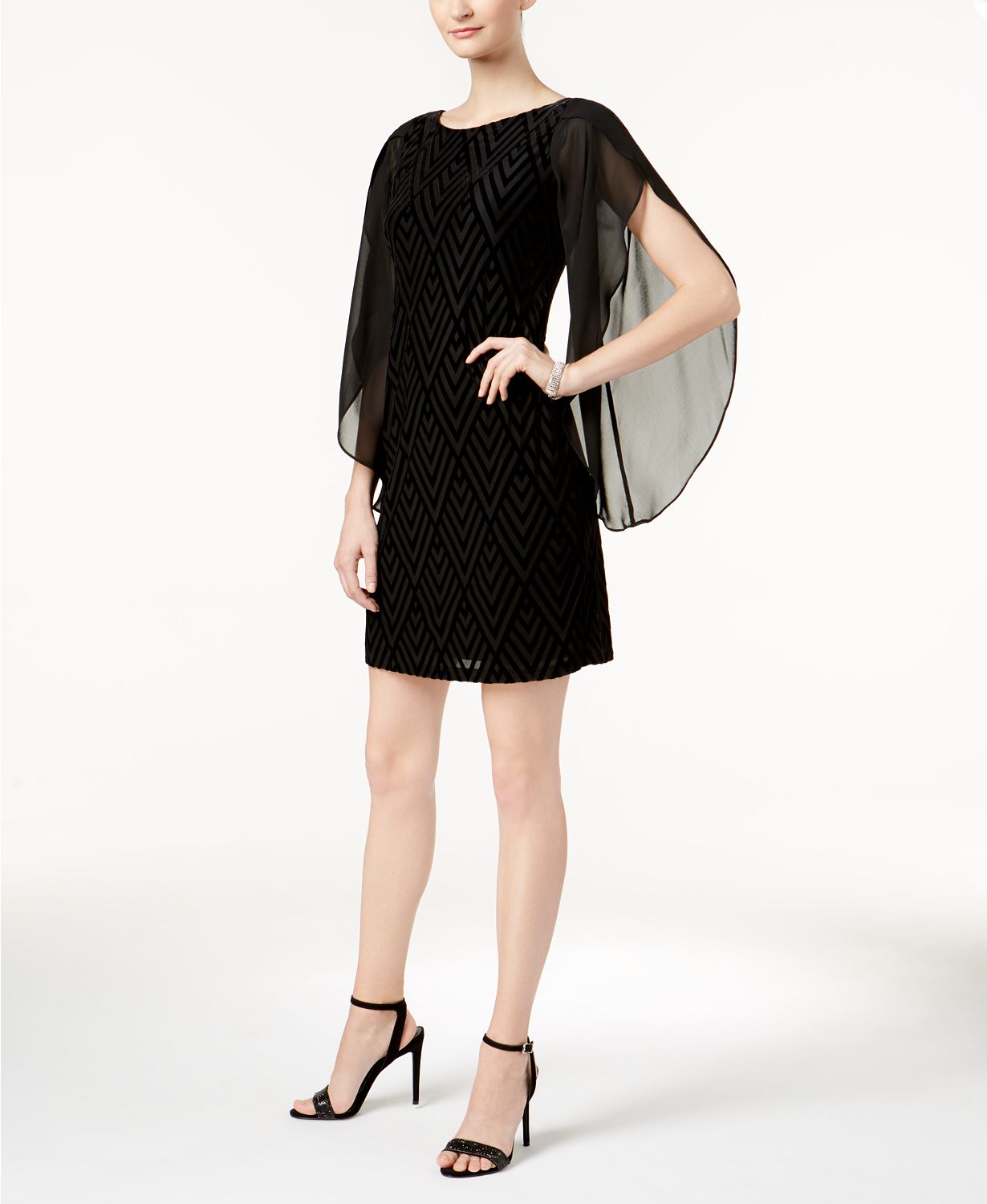 Donna Ricco Geo-Print Angel-Sleeve Dress Black 8
