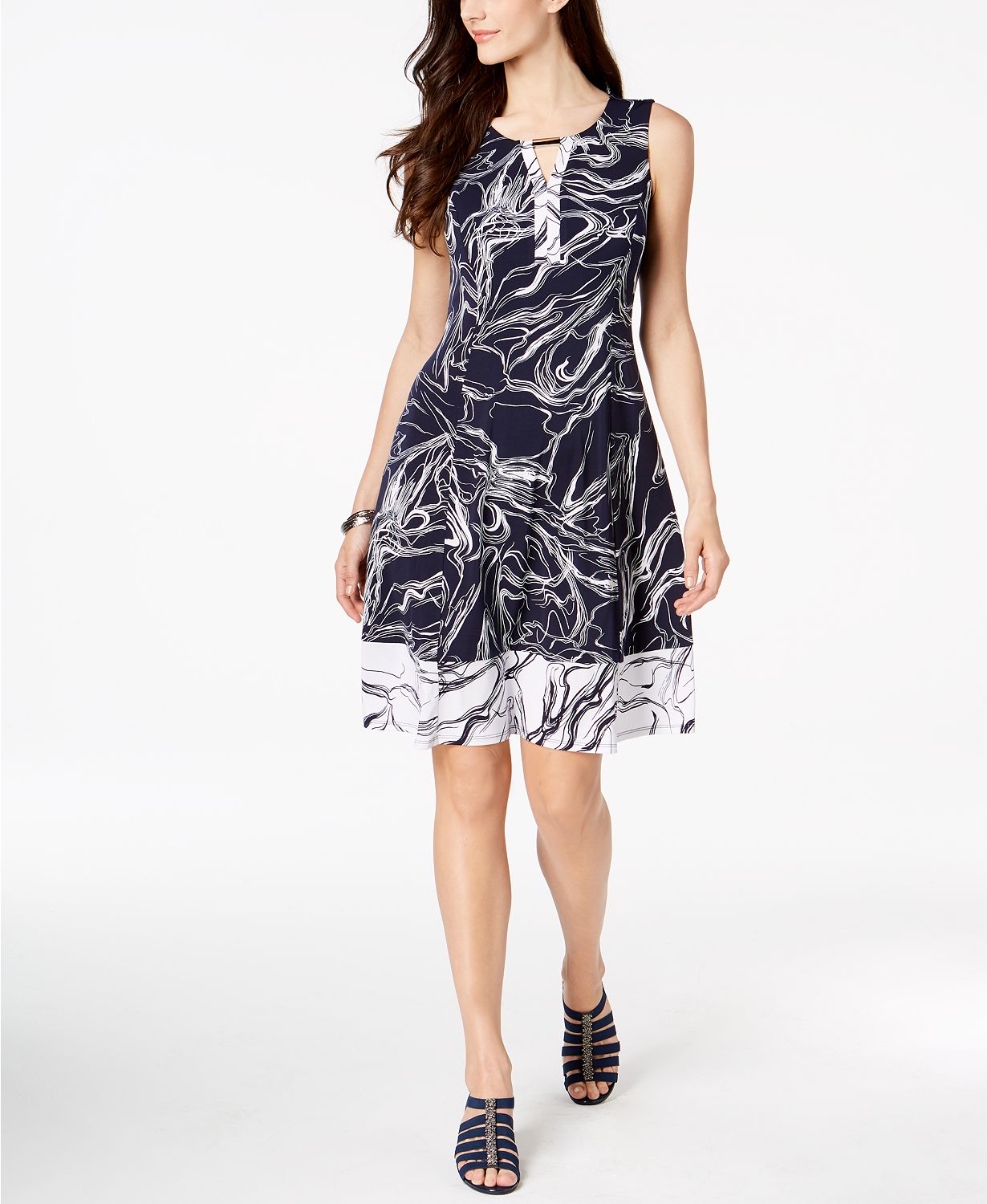 JM Collection Abstract-Print Keyhole Dress Blue Abstract S