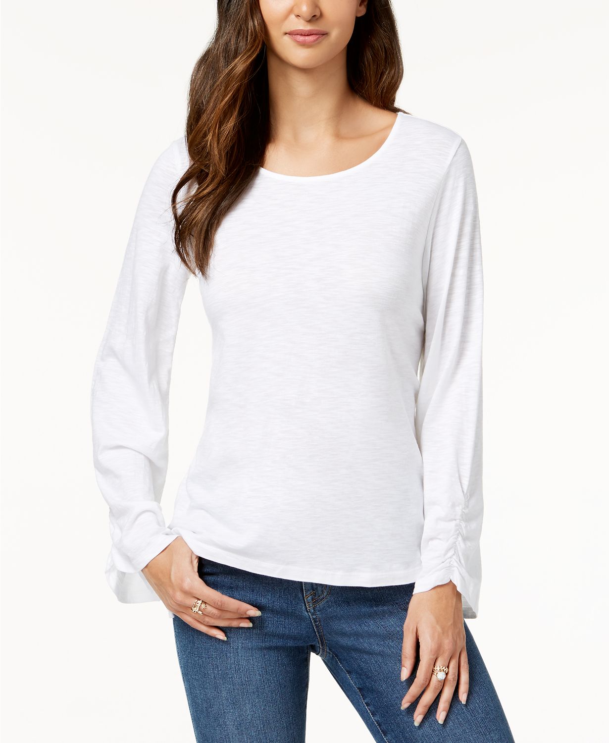 Style Co Ruched-Sleeve Top Bright White M