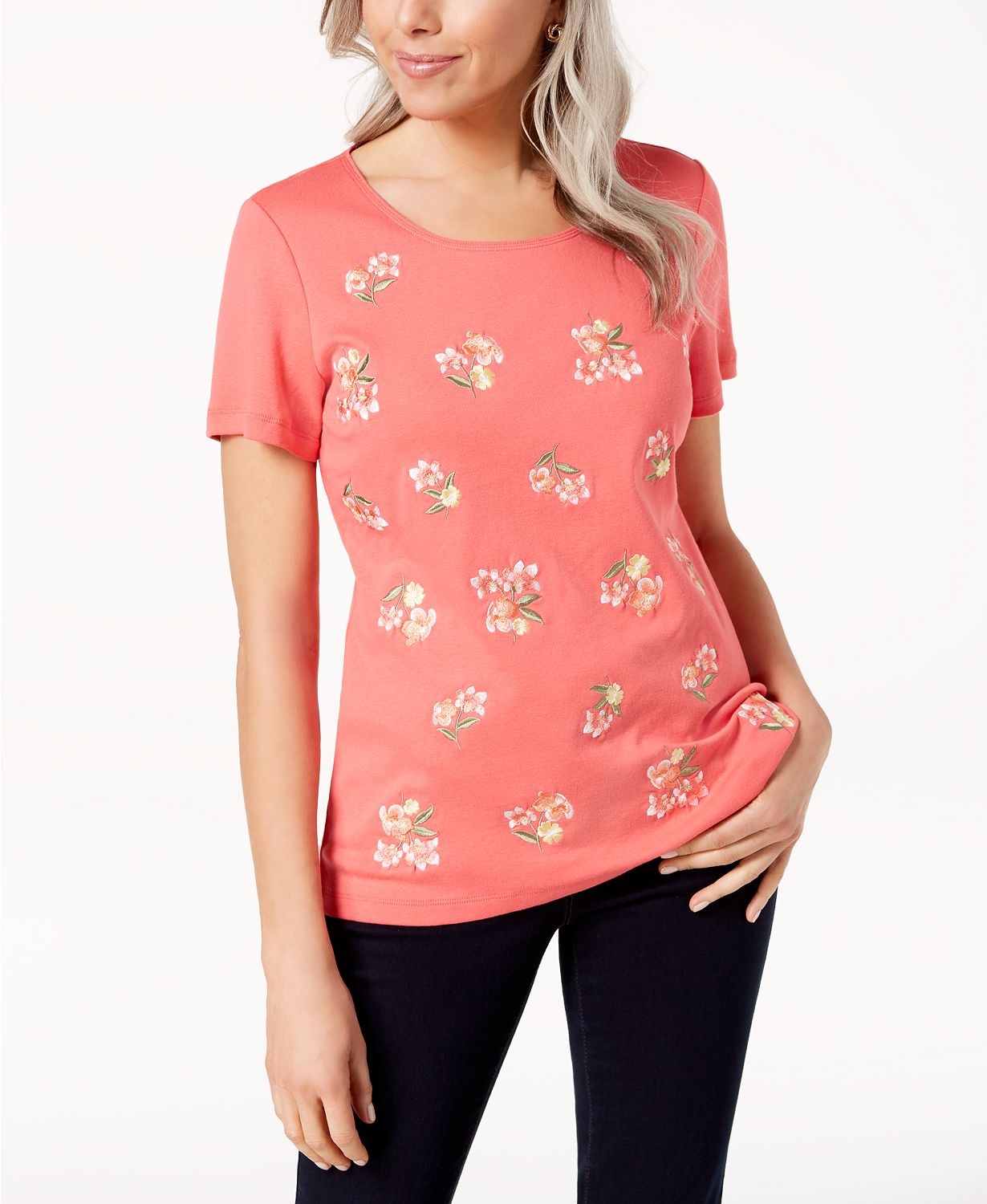 Karen Scott Petite Cotton Embroidered Top Peony Coral PS