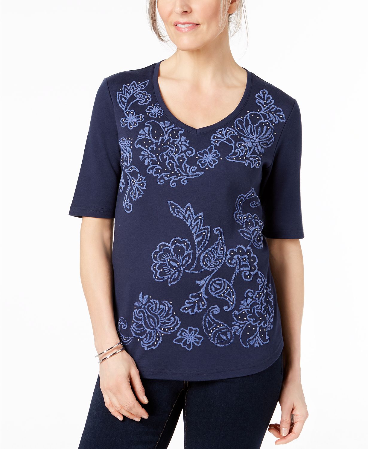 Karen Scott Studded Embroidered T-Shirt Intrepid Blue S