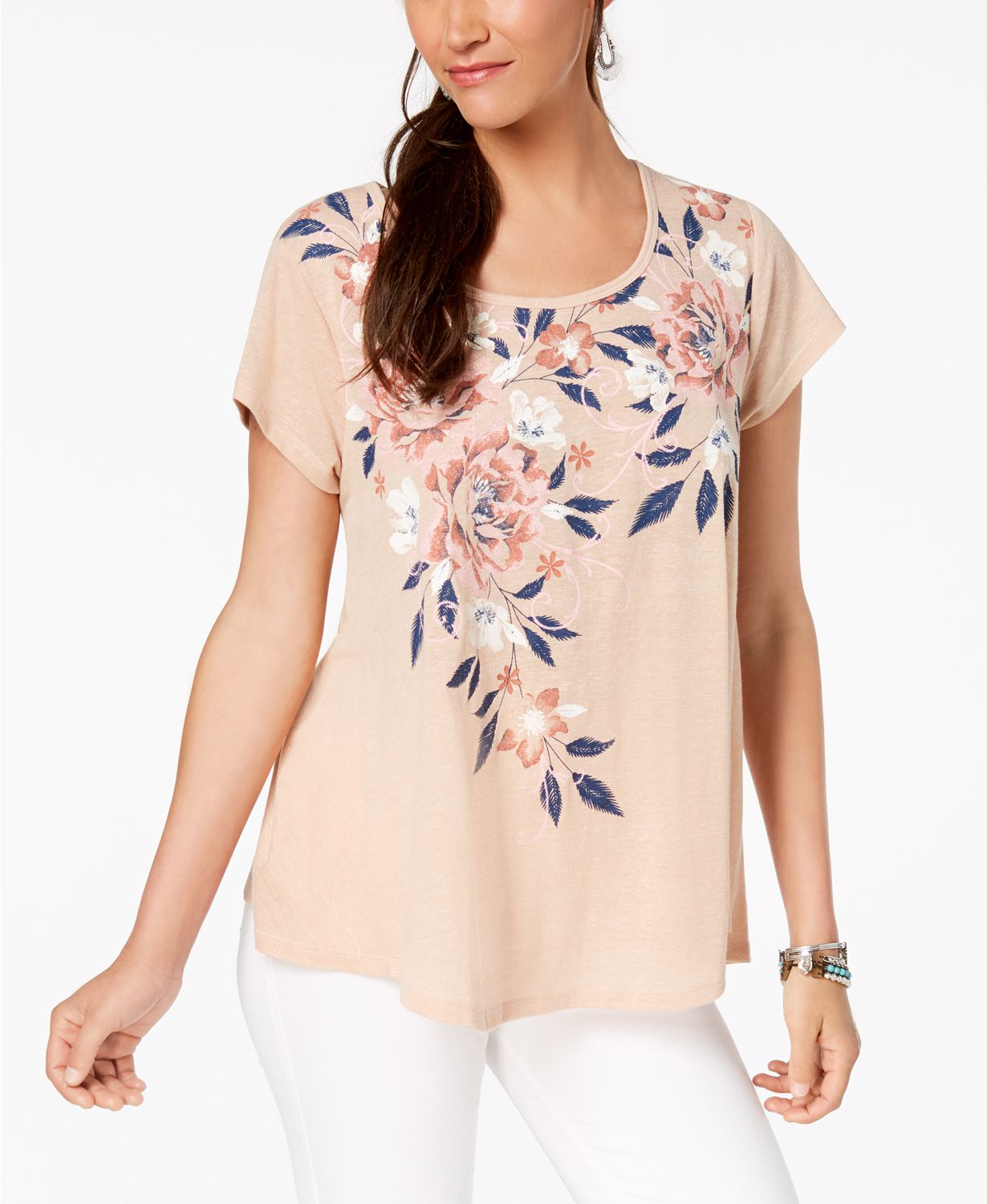 Style & Co Shimmer Floral Short Sleeve Blouse Orchid Shimmer PS
