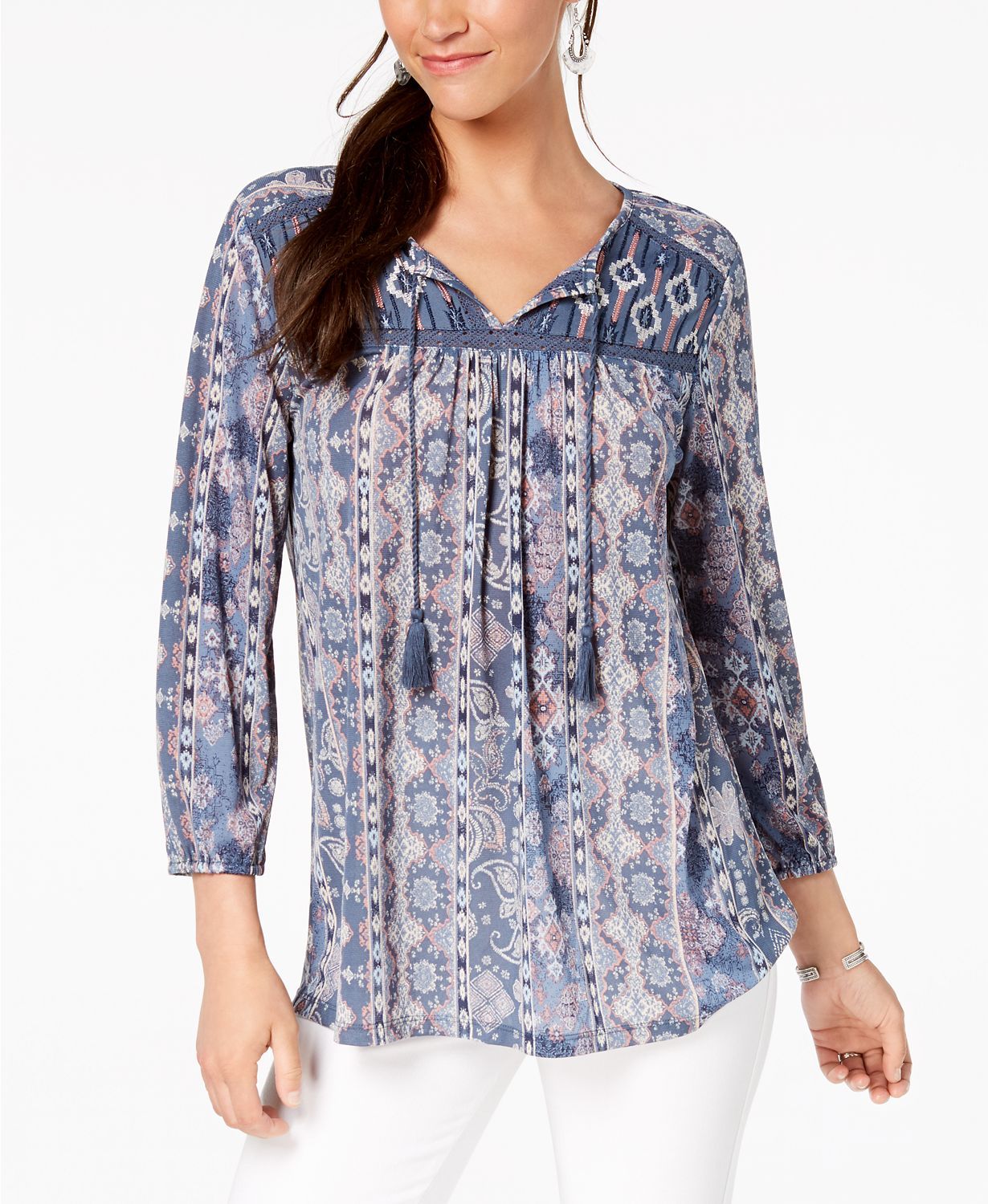 STYLE CO FLORAL-PRINT LACE PEASANT TOP NOMADI BLUE XS