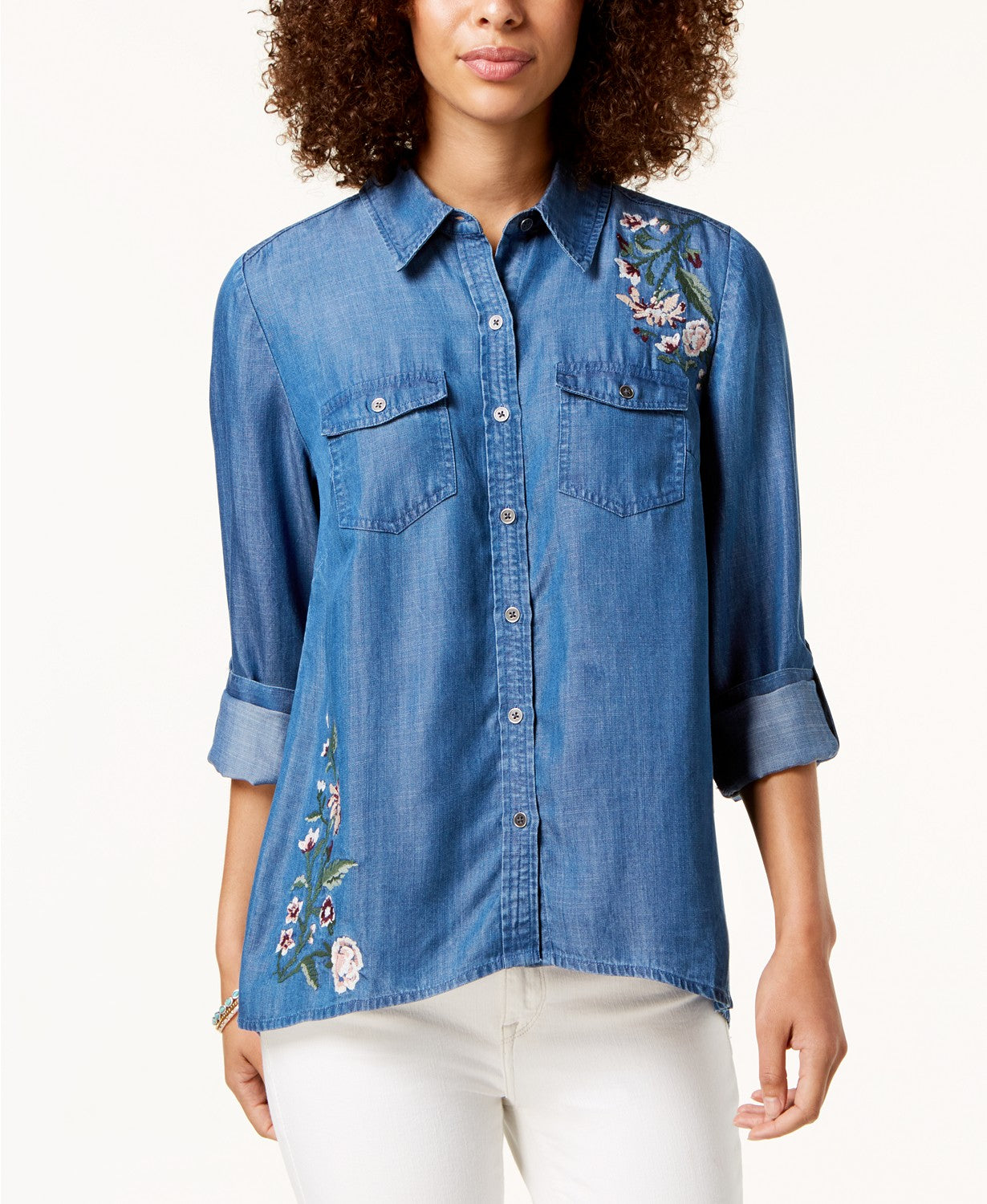 Style & Co Sketch Blooms Lace Up Top Blue PS