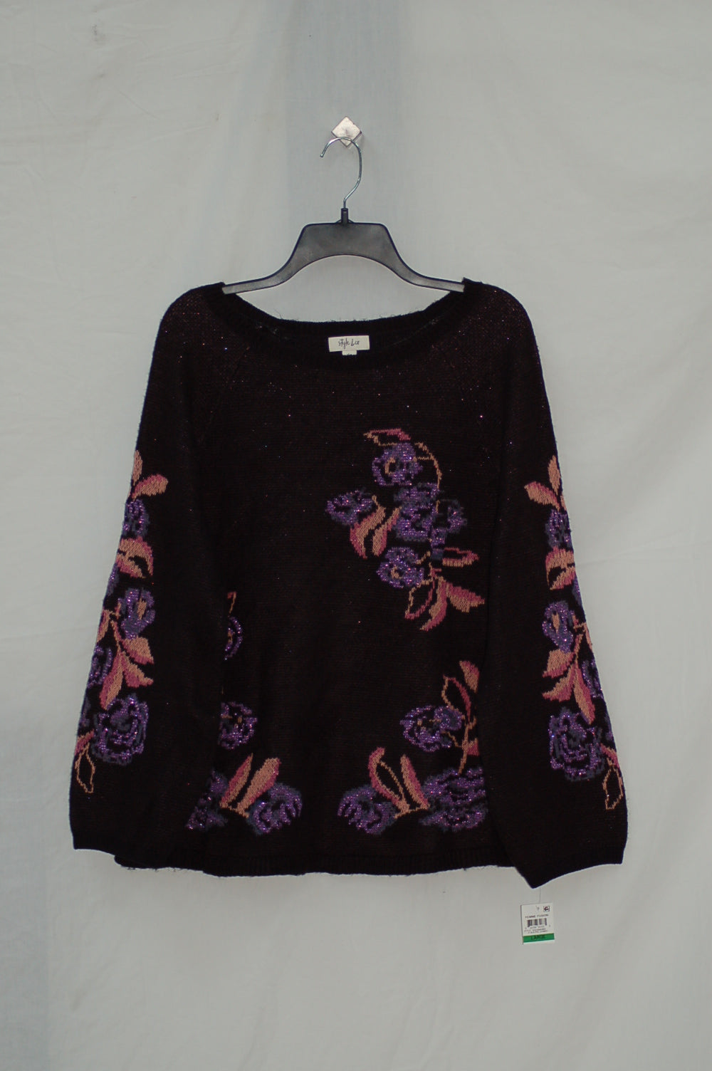 Style & Co. Floral-Print Sweater, Black/Purple Combo (Medium)