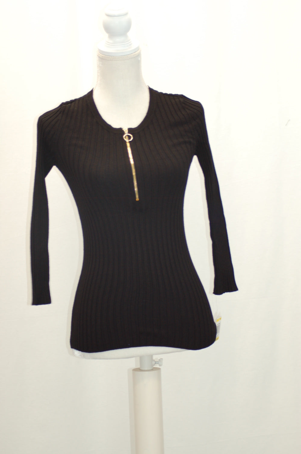 INC International Concepts Petite Zip-Up Ribbed Sweater Deep Black PL