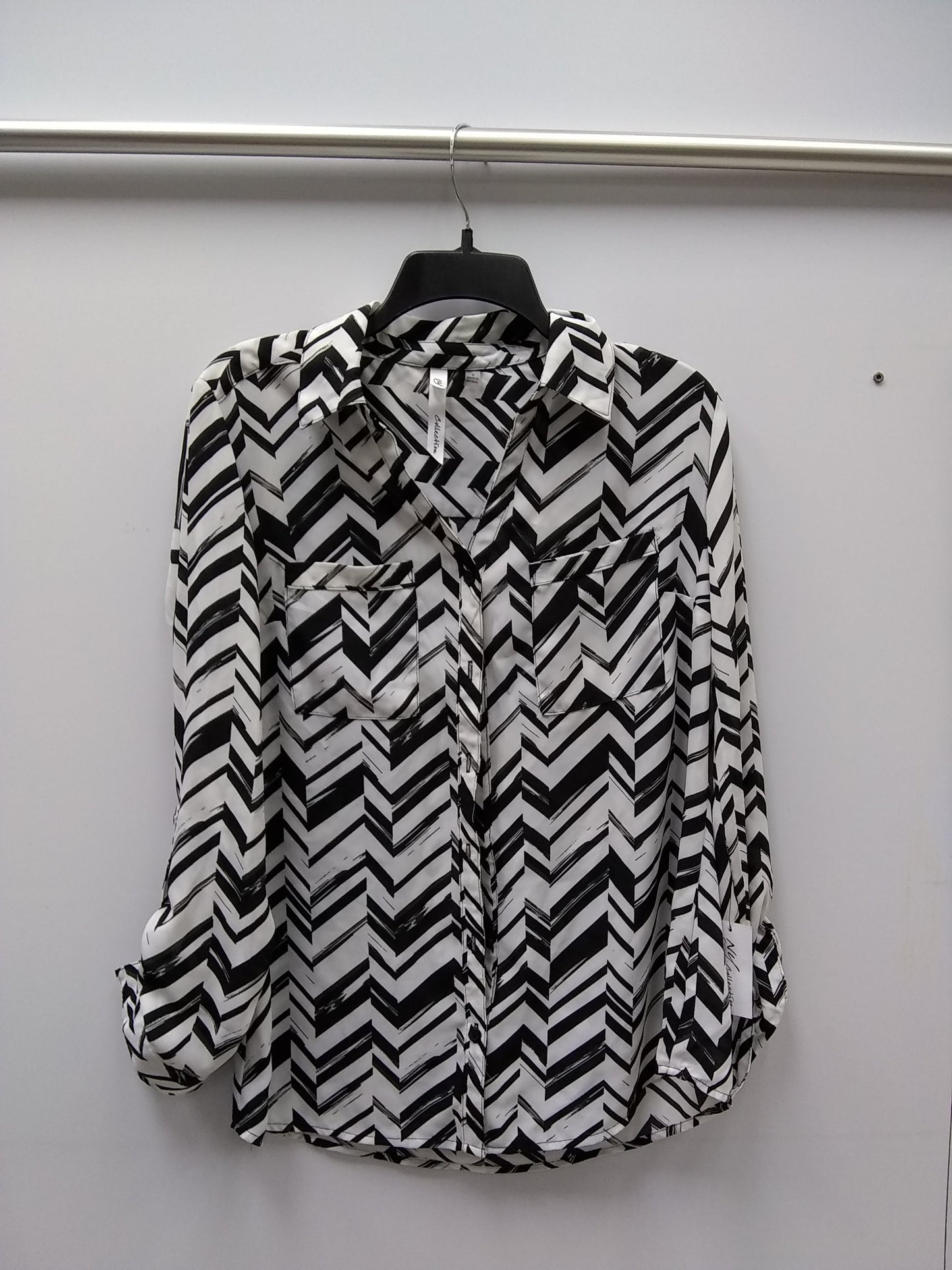 NY Collection Womens Button-down Shirt Black White S akrutinirali
