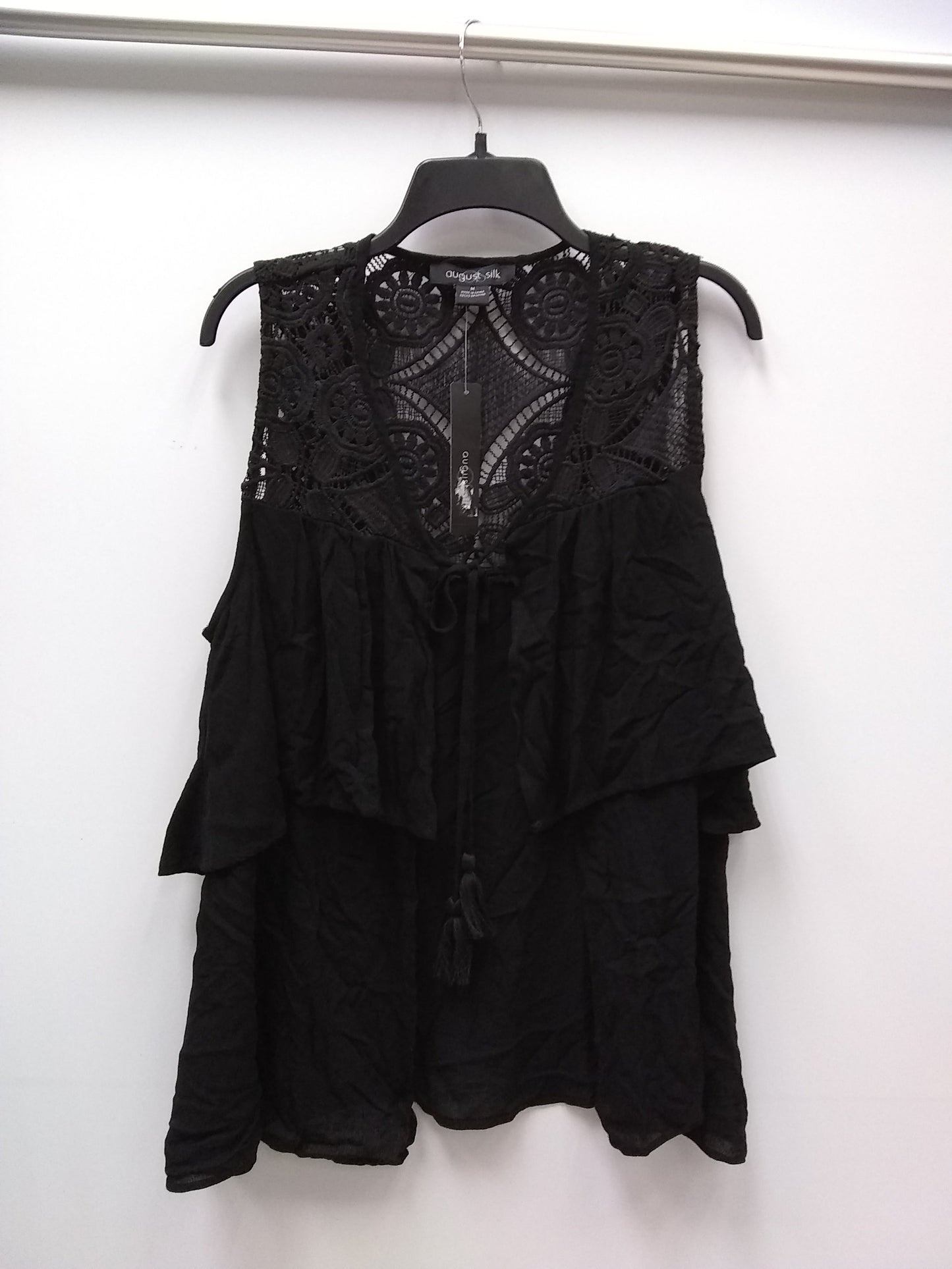 August Silk Tiered Crochet-Contrast Vest Black M MSRP: $50