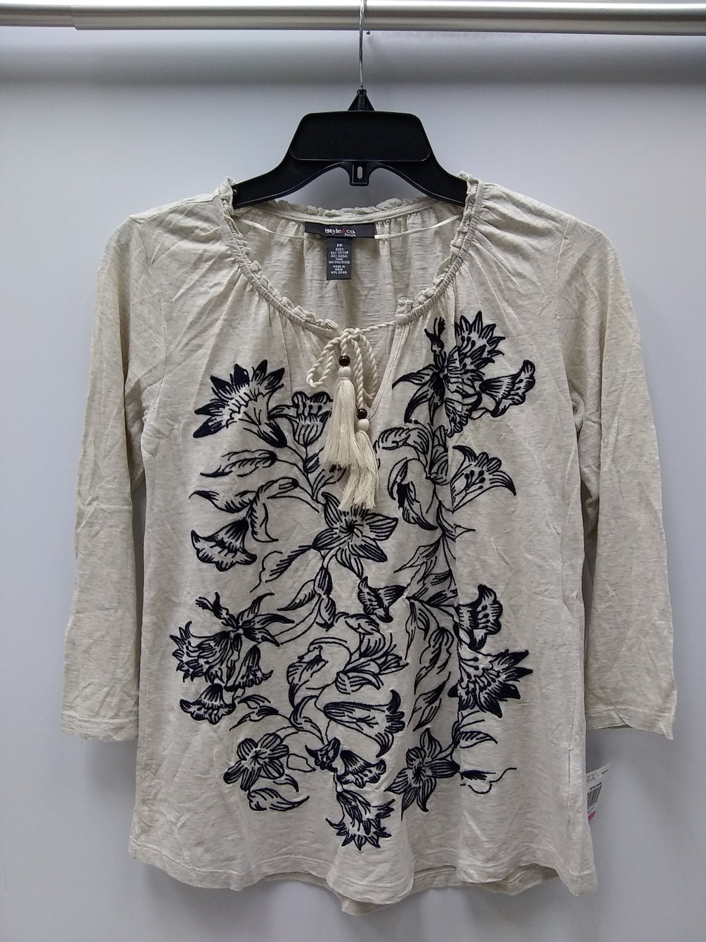 Style Co Petite Embroidered Peasant Top Floral Vanilla PXS