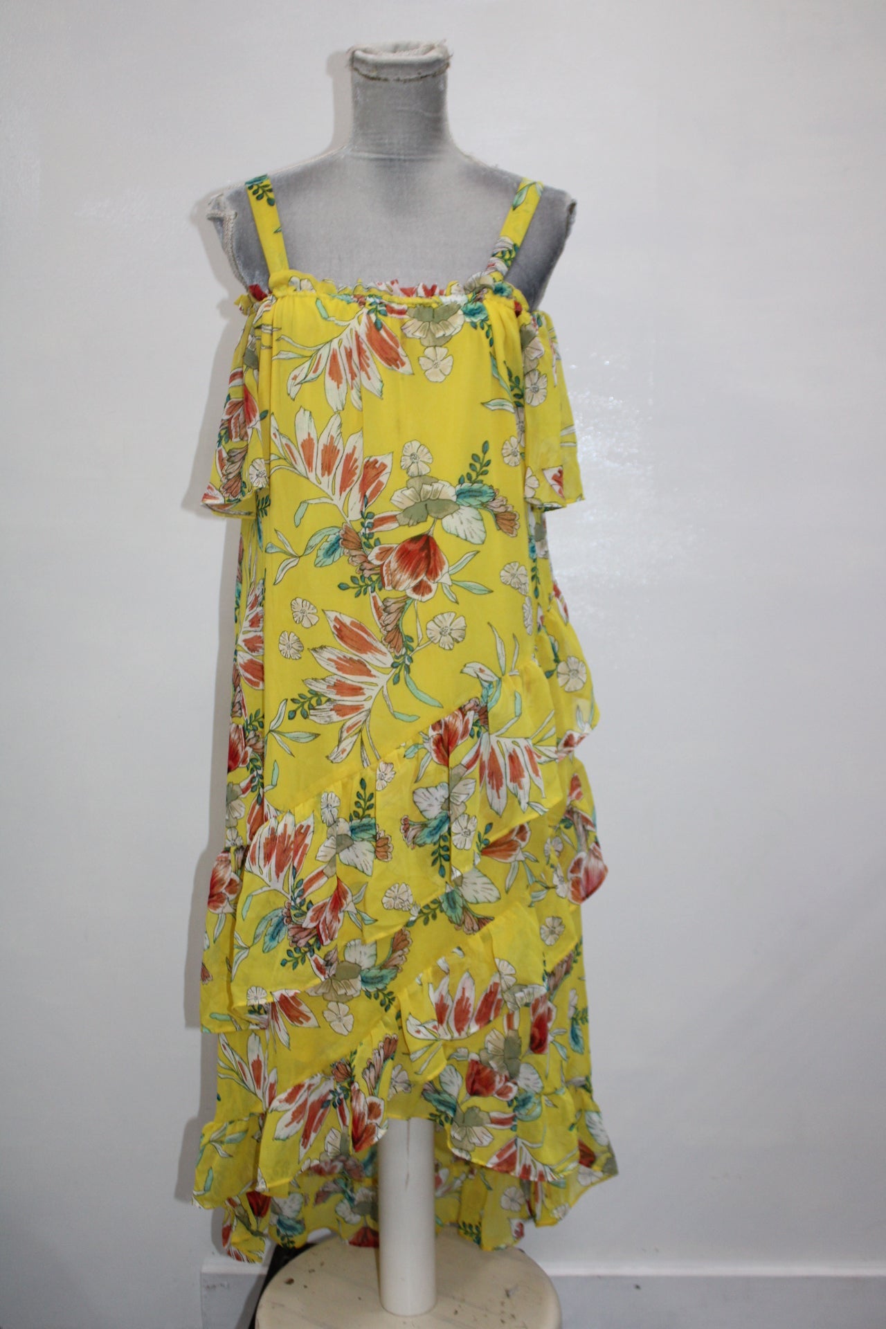 NY COLLECTION Print Offshoulder Tulip Hem Dress Med Yellow M
