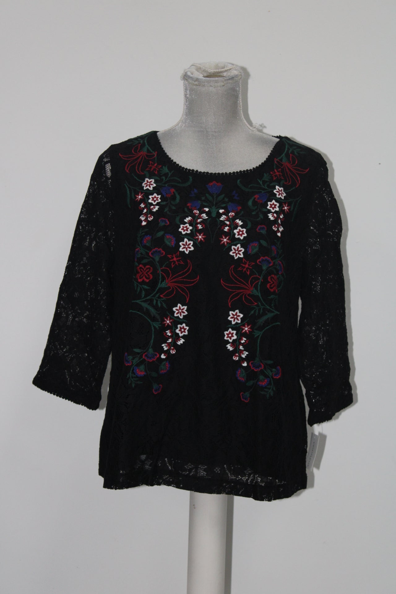 Charter Club Black Red Floral Embroidered Lace Scoop Neck Blouse L