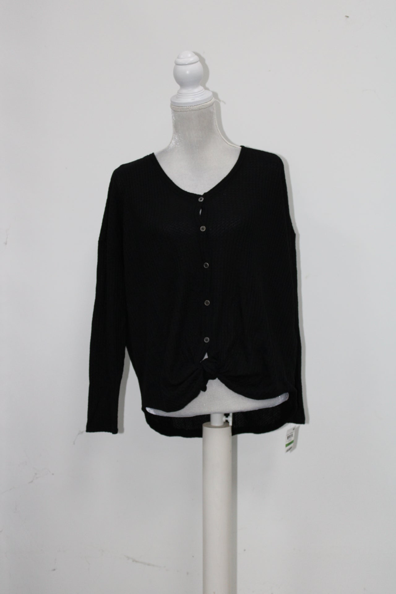 Style & Co V-Neck Long Sleeve Tie Thermal Top  Black XL