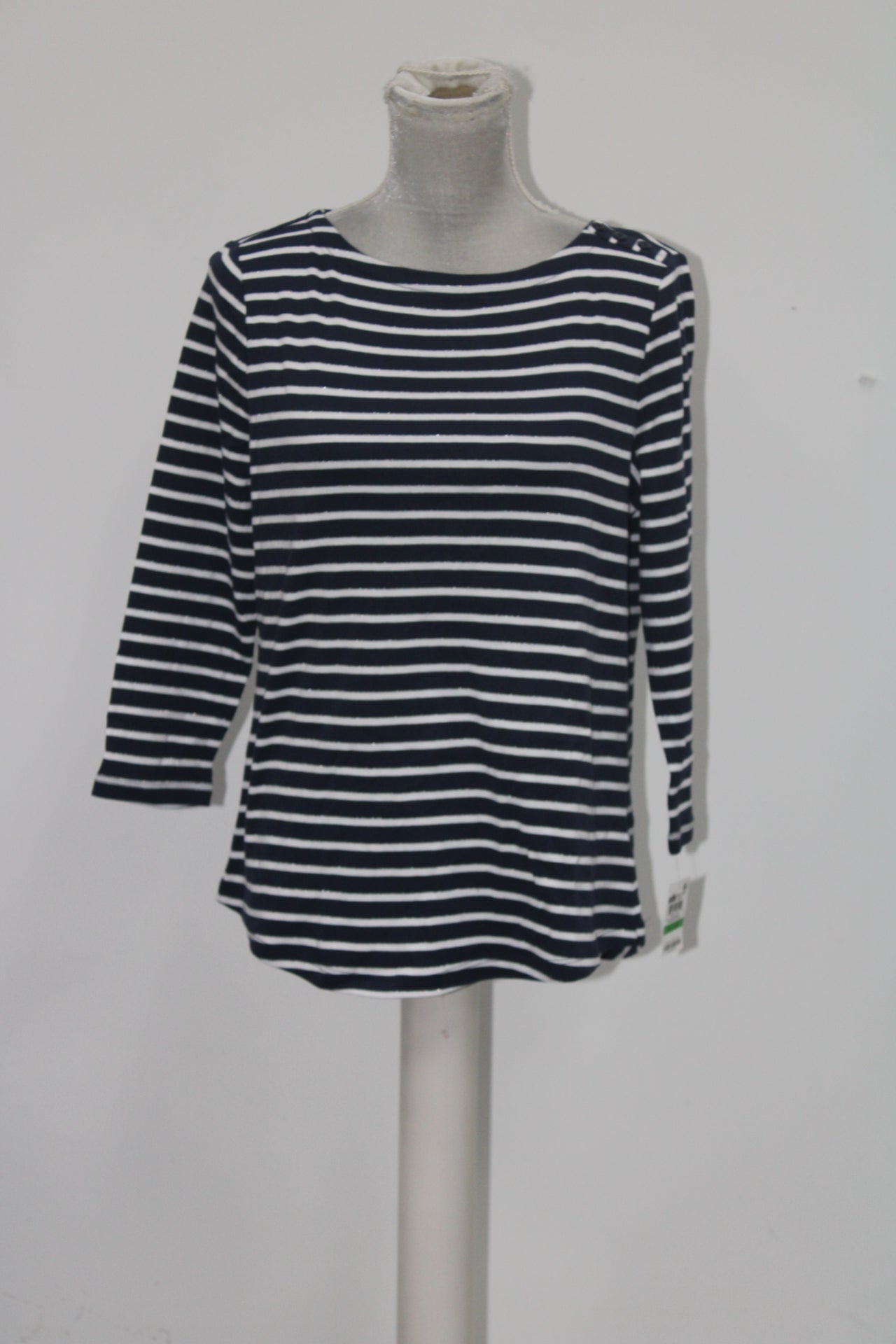 Charter Club Womens Petites Metallic Striped Pullover Top Navy PL
