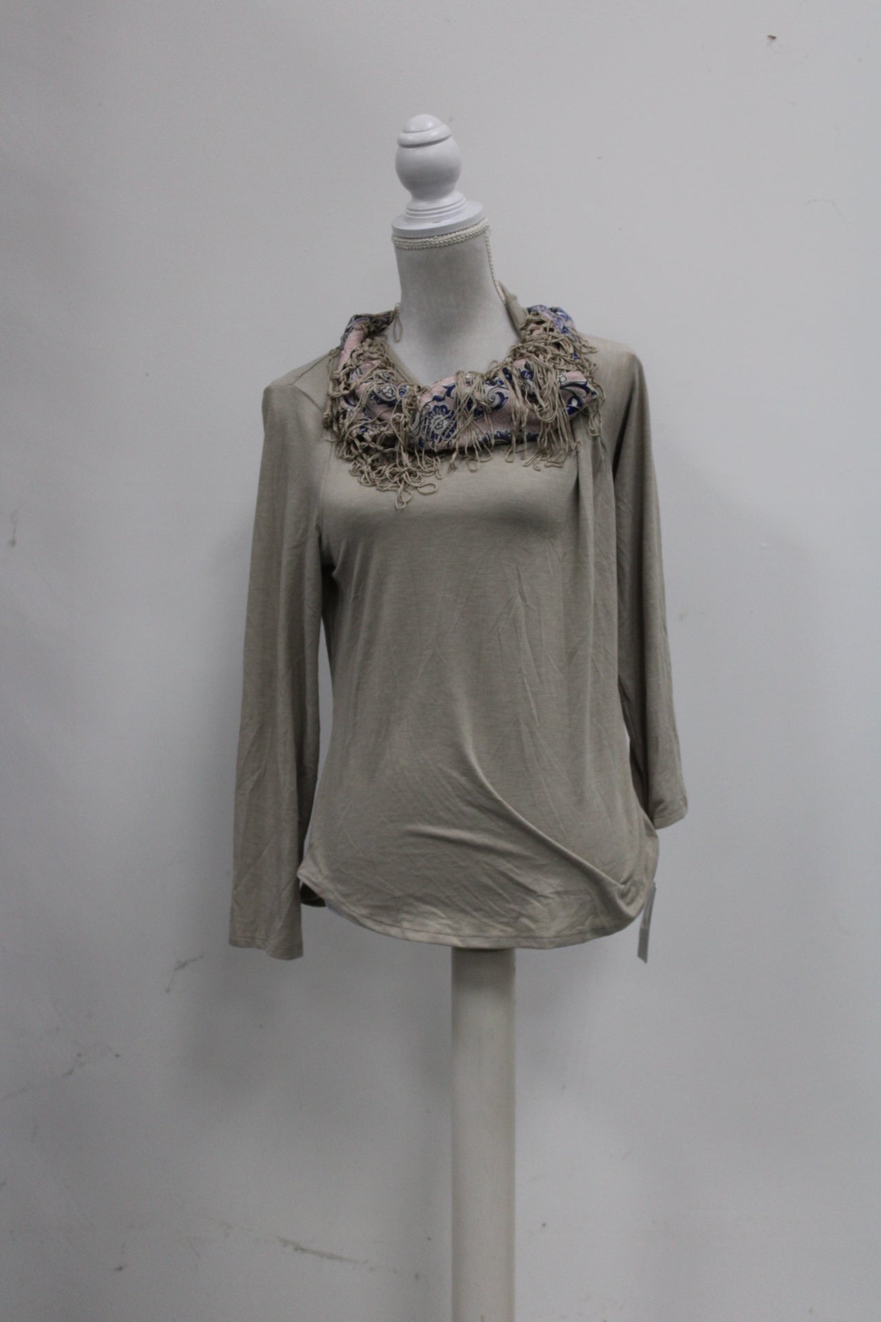 Style Co Petite Scarf-Neck Fringed Top Neutral Heather Pm