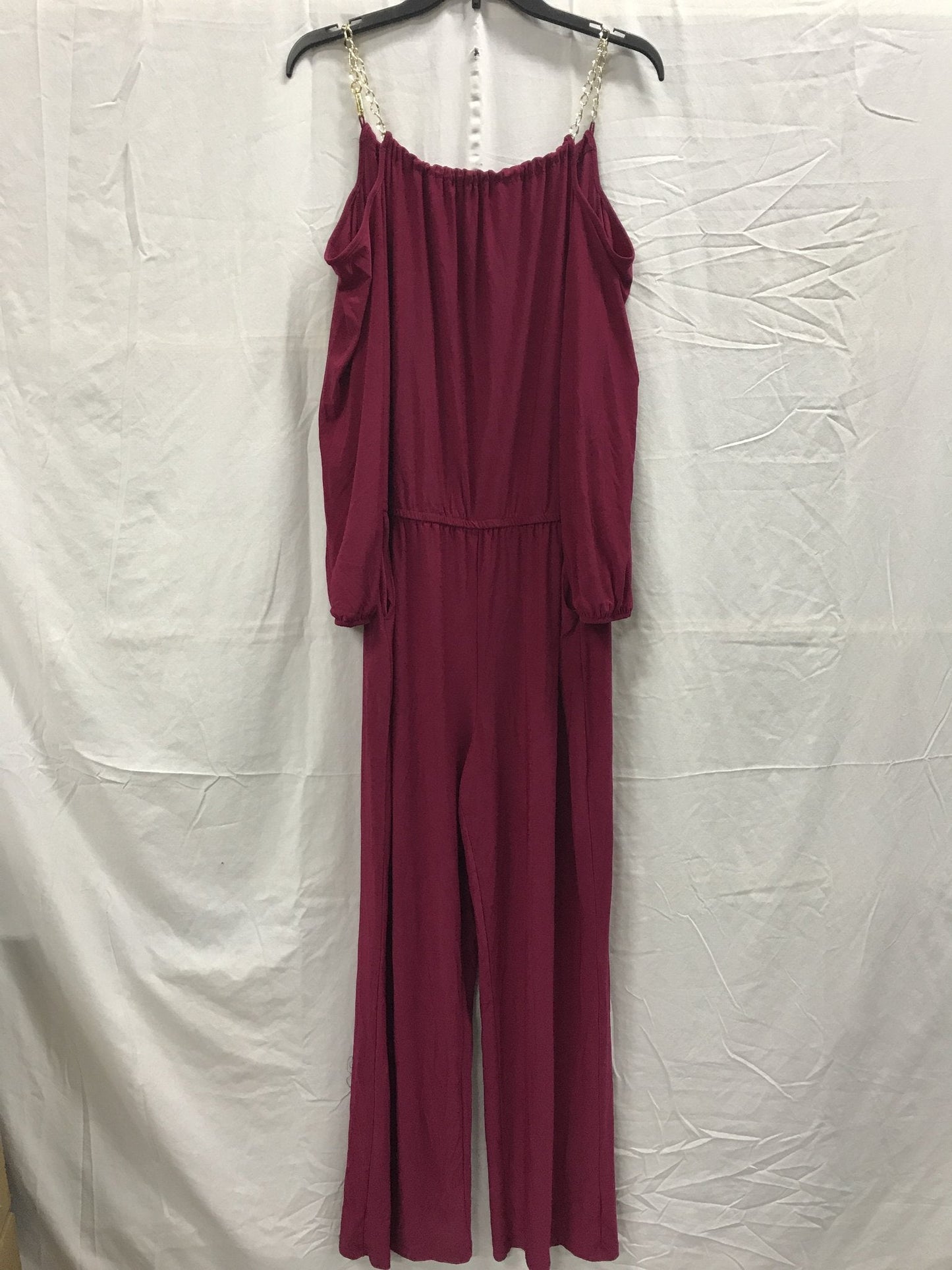 NY COLLECTION Chain Cold Shoulder Jumpsuit Dark Red PS