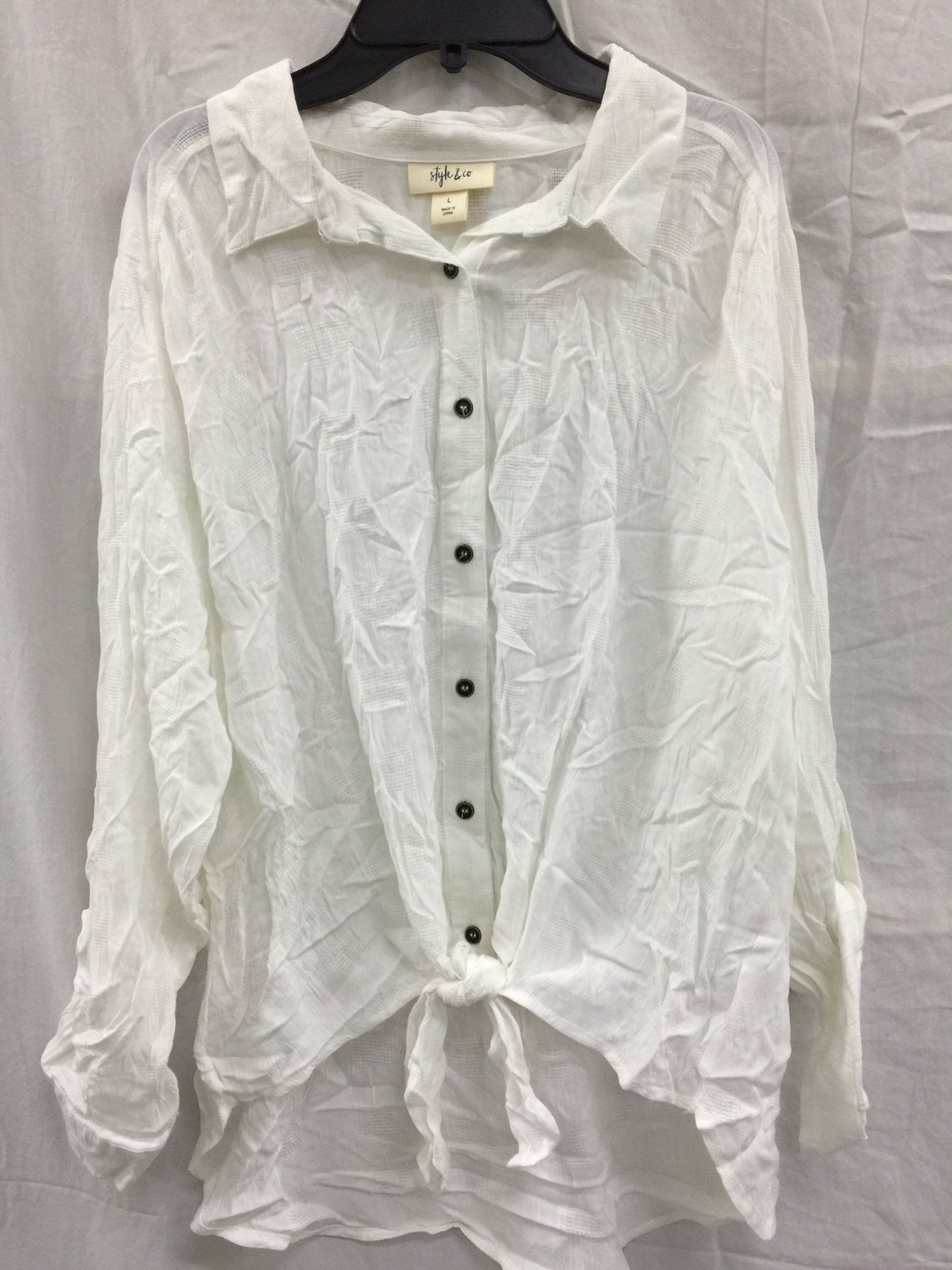 Style & Co Solid Color Button 3/4 Tiefr Shirt White LARGE