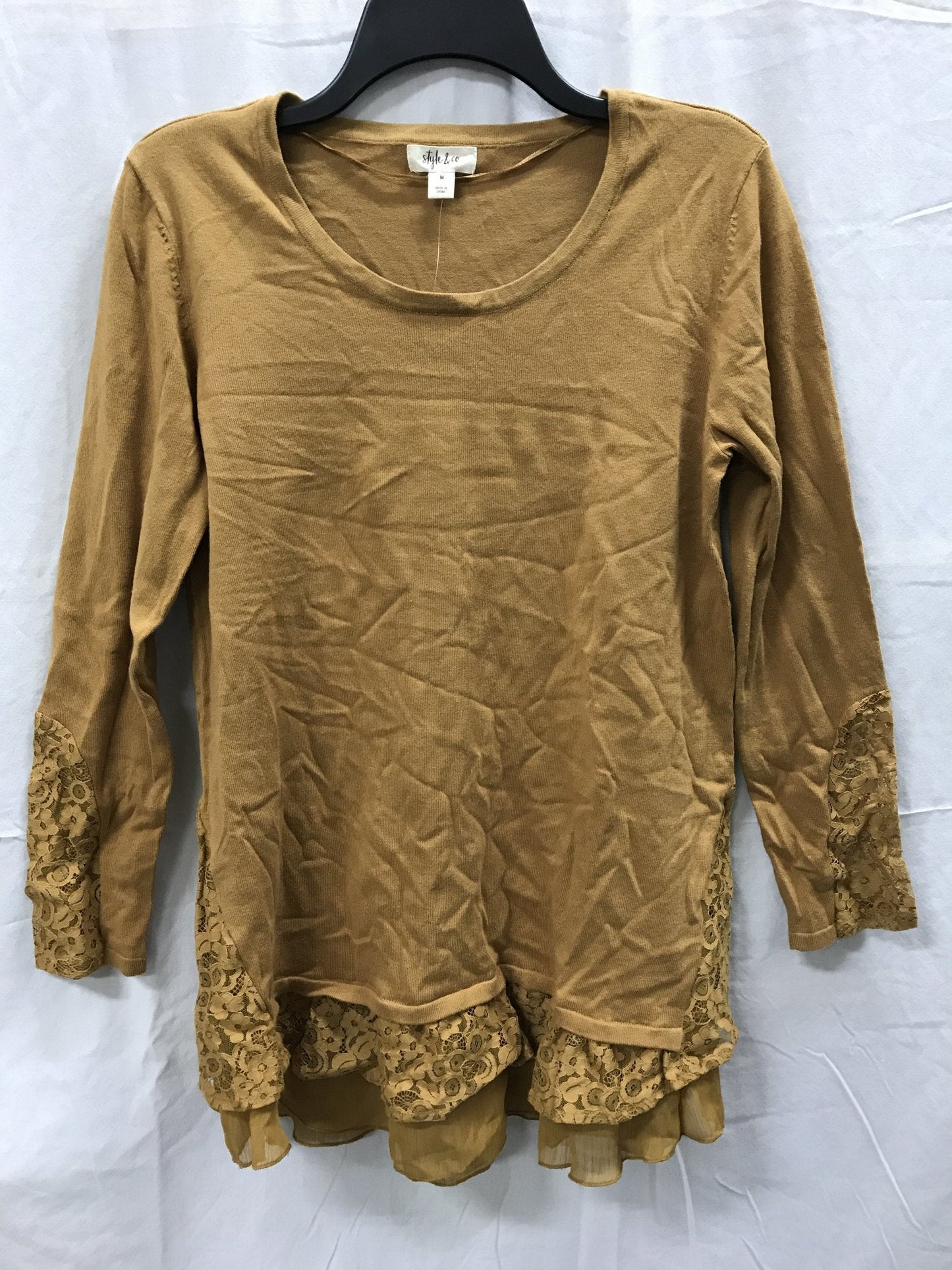 STYLE & CO Sweater Lace Hem Tunic Gold M