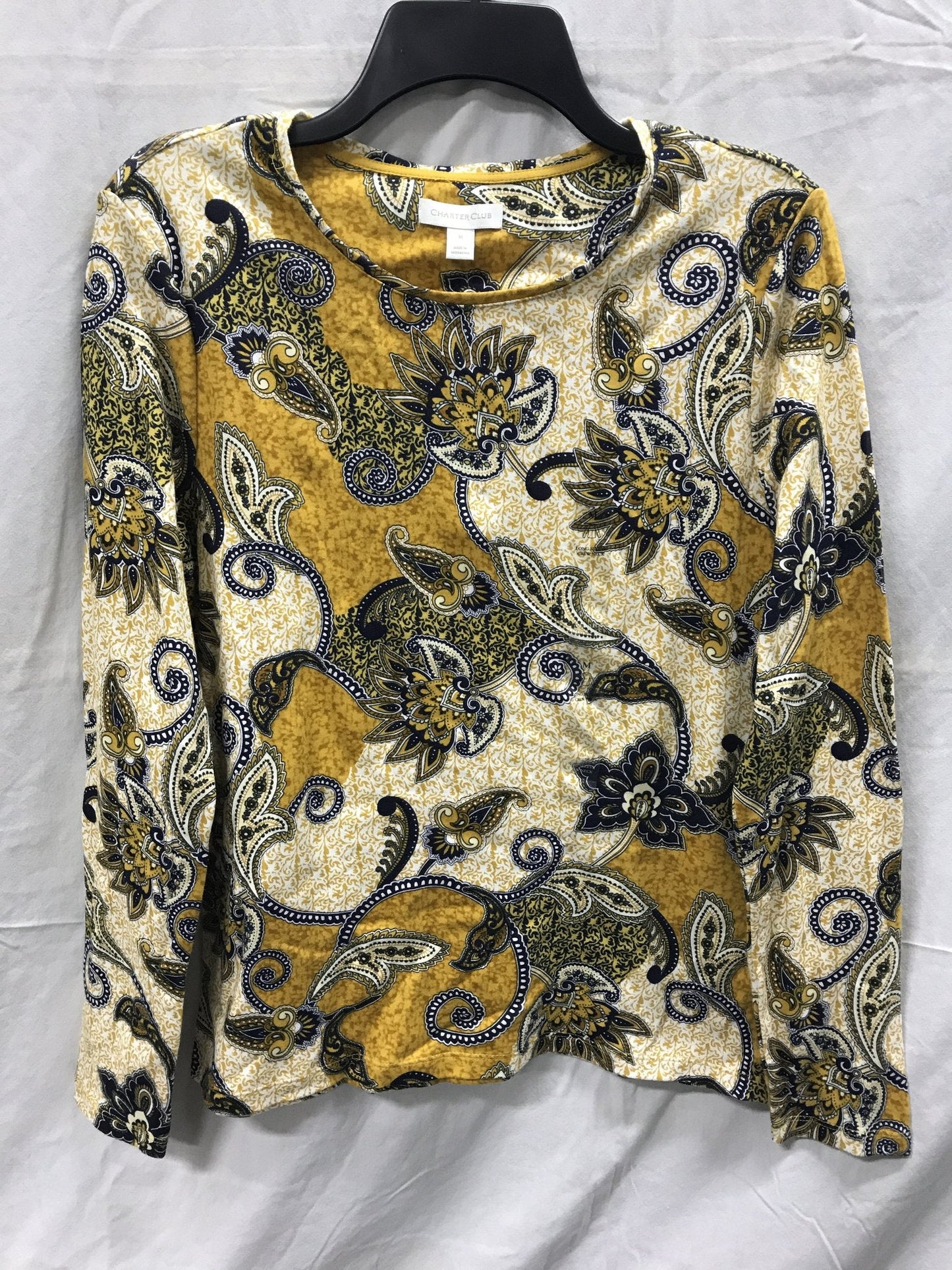 CHARTER CLUB Long Sleeve Floral Crewneck Gold M