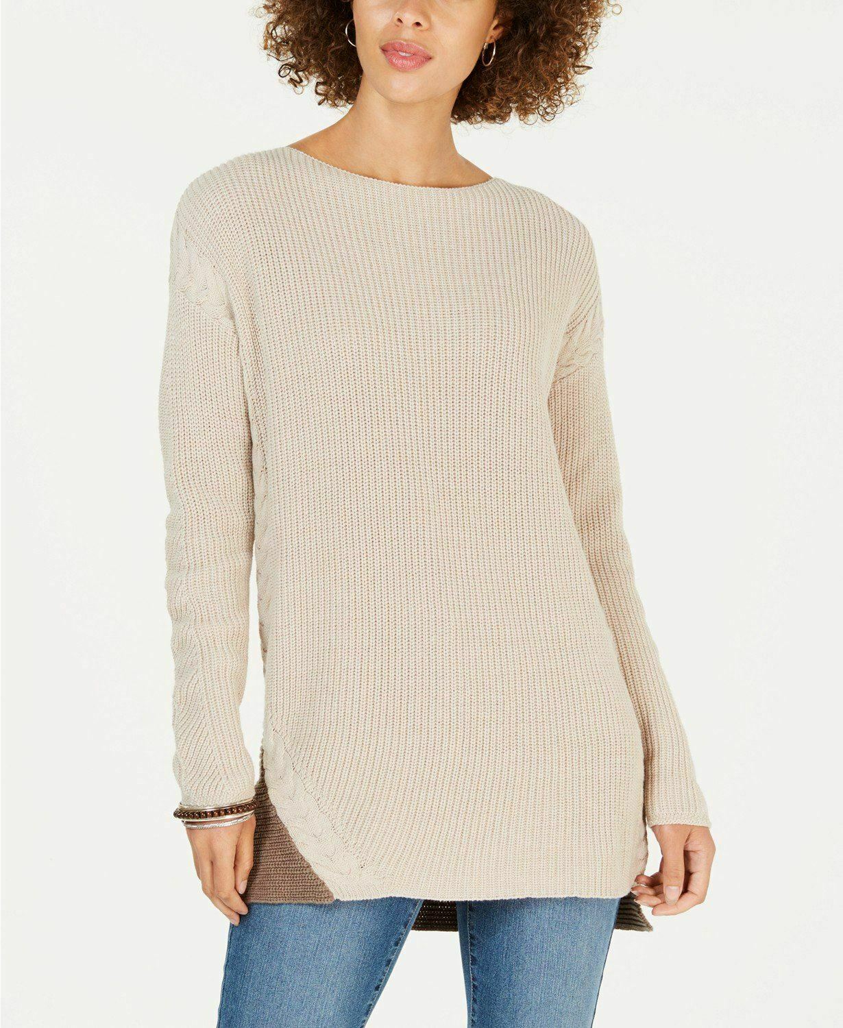 Style & Co Sweater Asymmetrical Cable Tunic Beige PXS