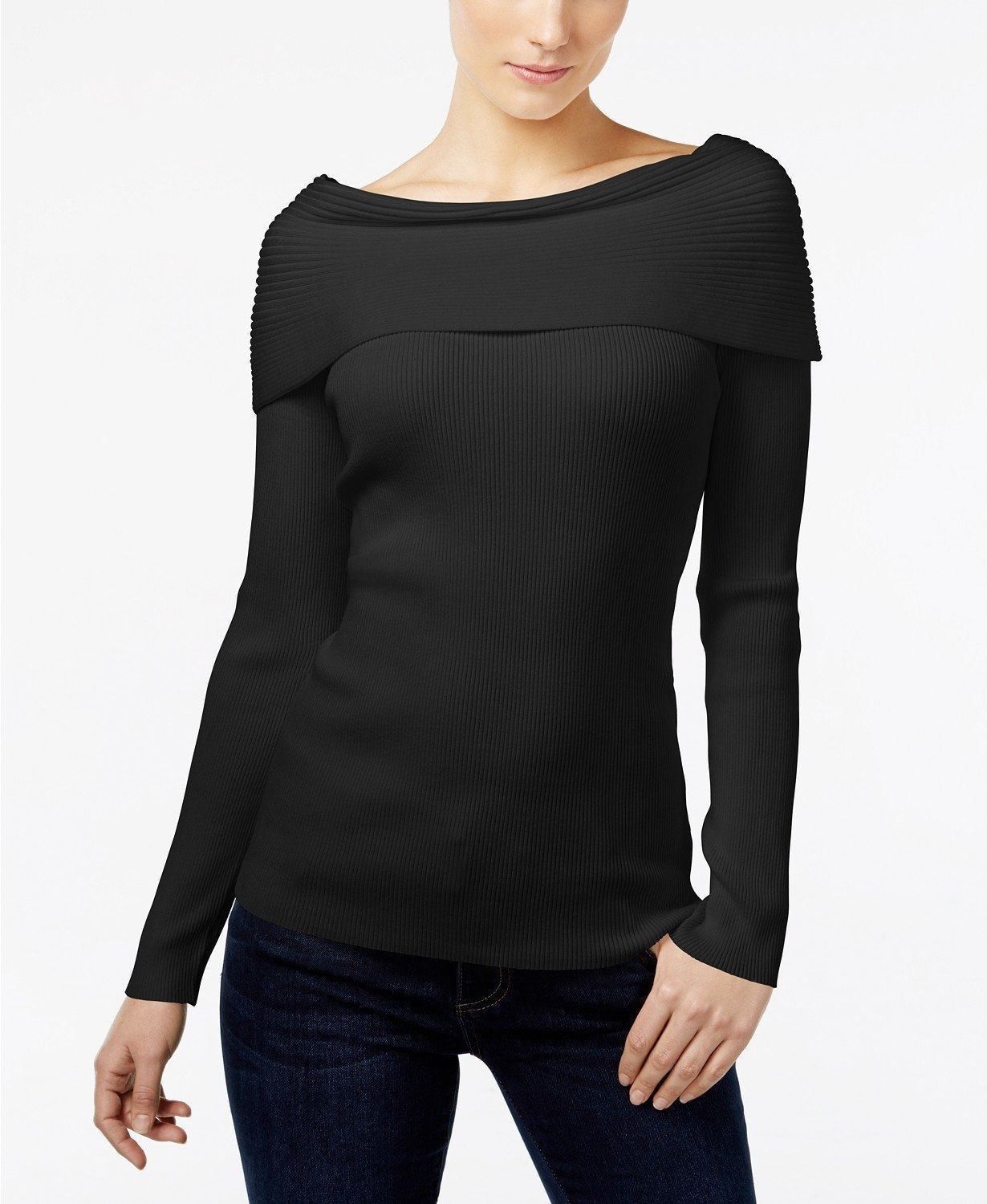 INC International Concepts Petite Ribbed Boat-Neck Sweater Black PS